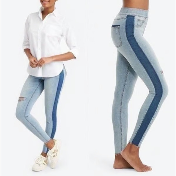 Spanx Light Wash Side Stripe Two Toned Pull On Skinny Jeans Size Large - Picture 1 of 8